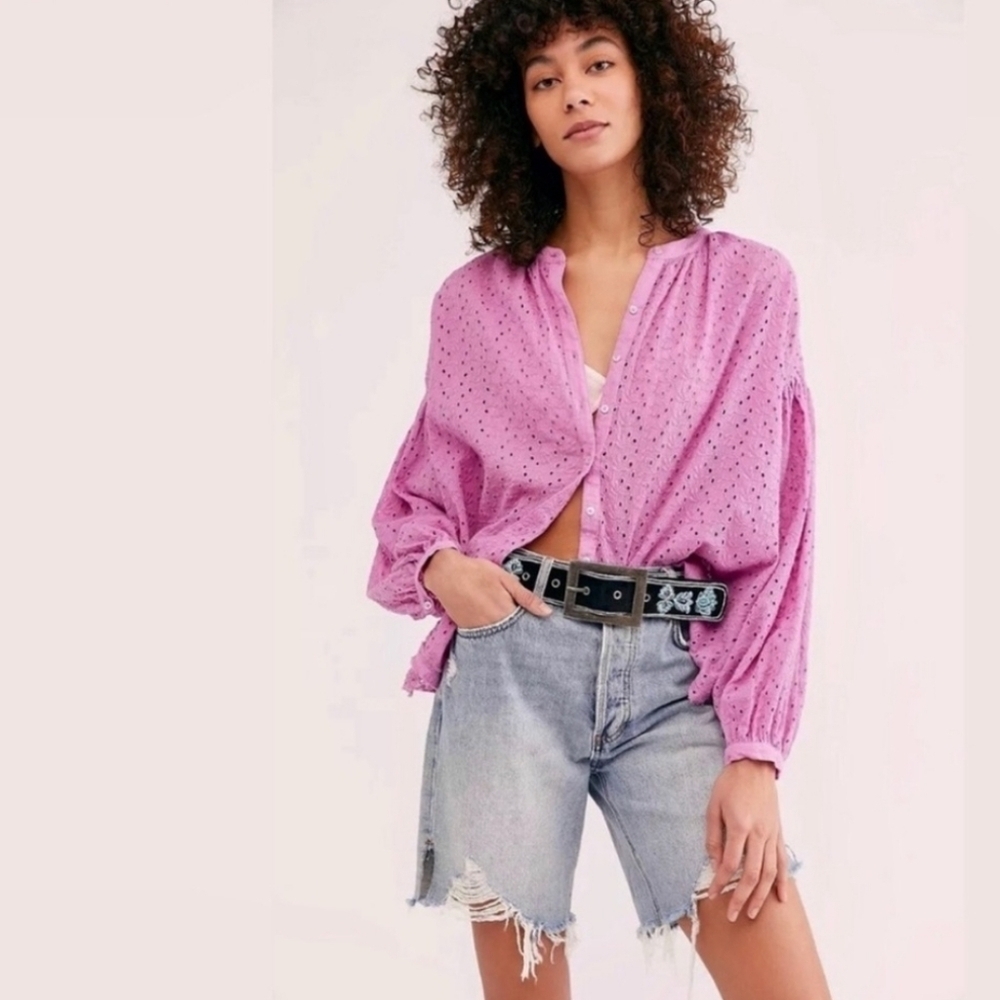 Free People Madison Eyelet Blouse In Orchid - Picture 3 of 11